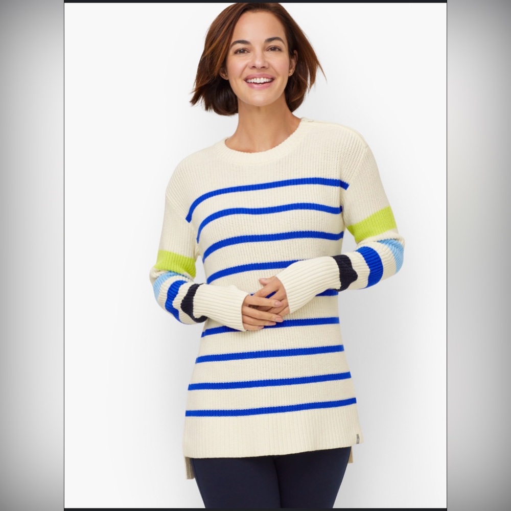 T by Talbots Striped Crew Neck Sweater Ivory Blue Lime XL Shoulder Zip